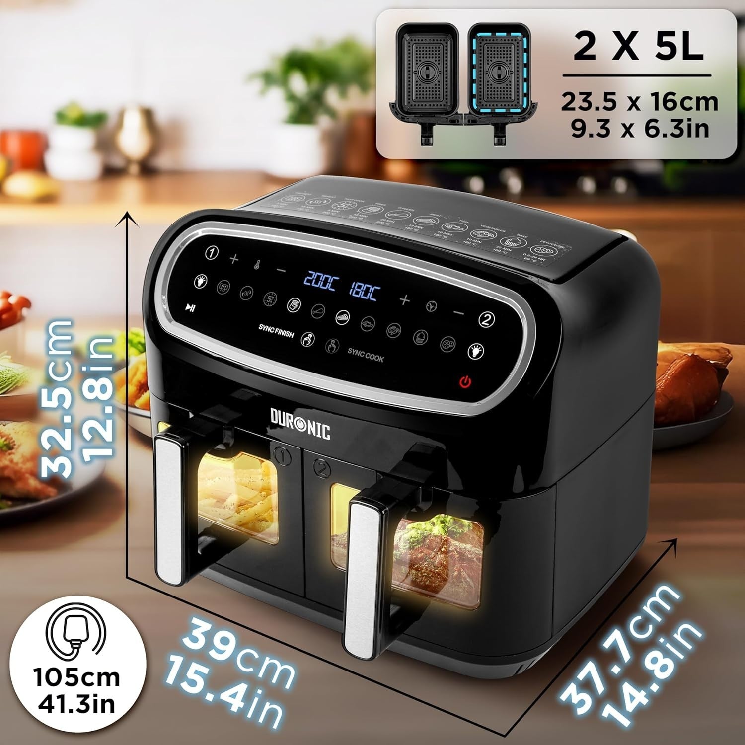 10L Dual Basket Air Fryer | 2400W, Sync Cook/Finish, Visual Windows, 10 Presets