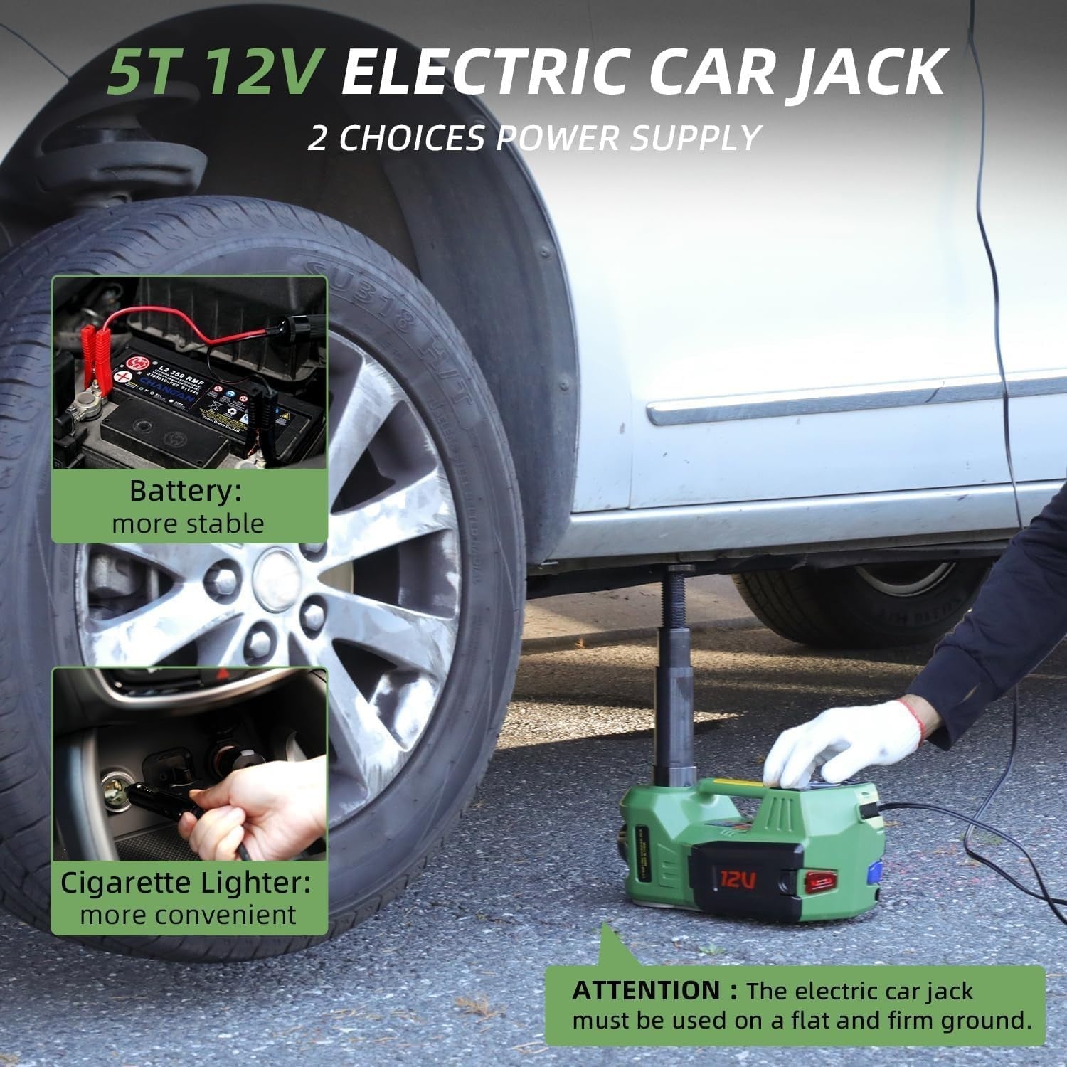 5 Ton Electric Hydraulic Car Jack 4-in-1 Lift Kit with Air Pump 15–17.7" Green