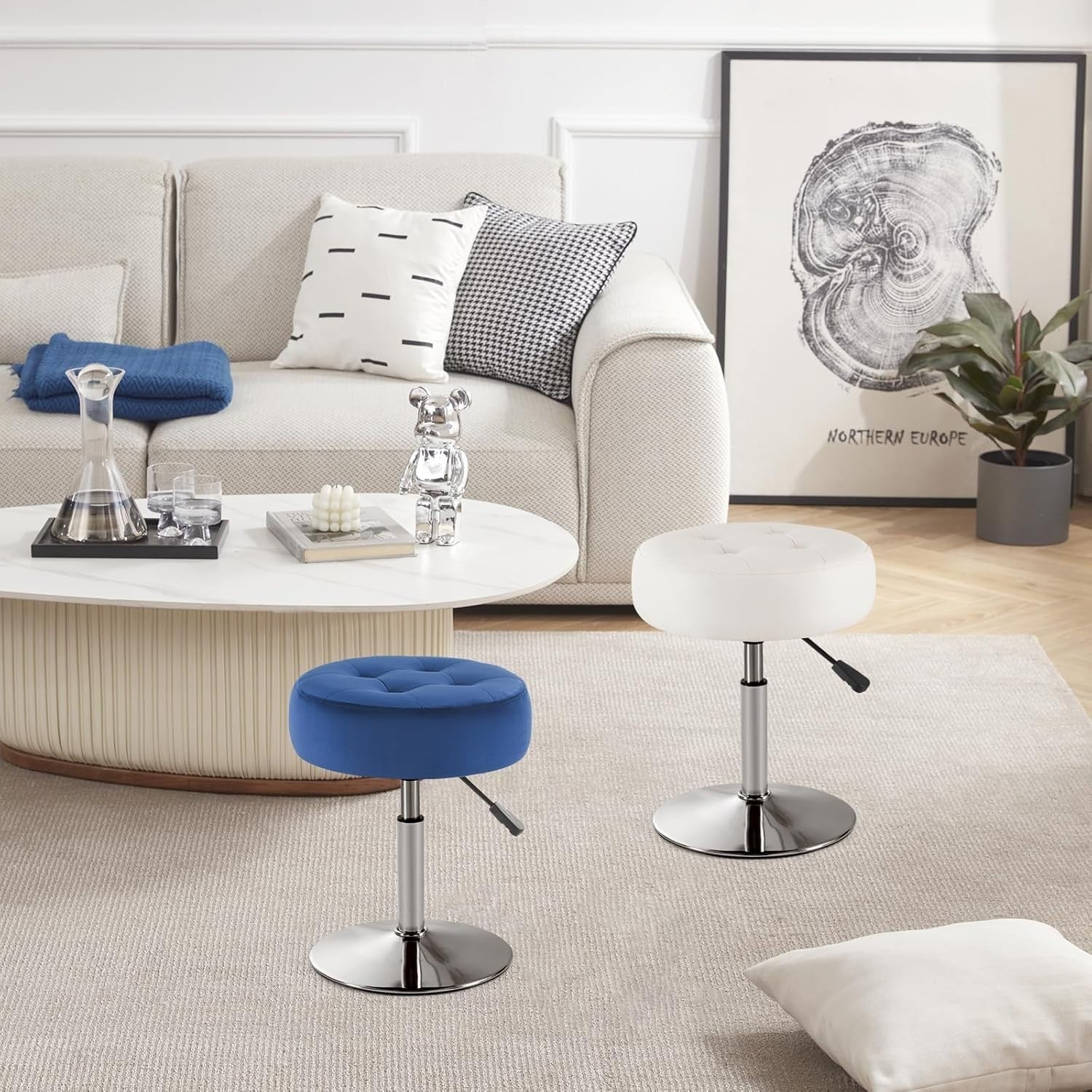 Blue Velvet Adjustable Vanity Chair – Round Swivel Makeup Stool with Chrome Base