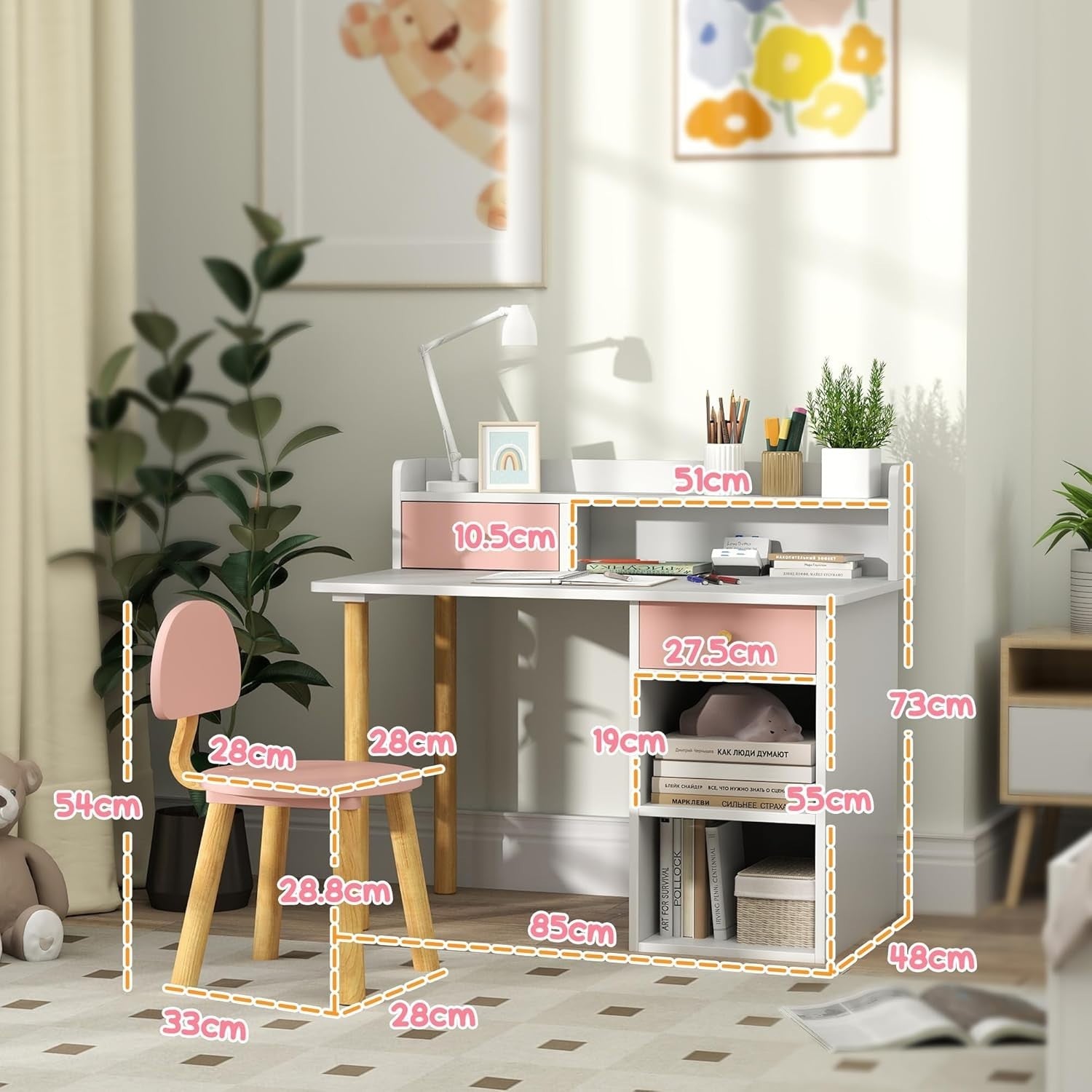Kids Study Desk & Chair Set with Hutch, Storage Drawers, Pink for Ages 3-8