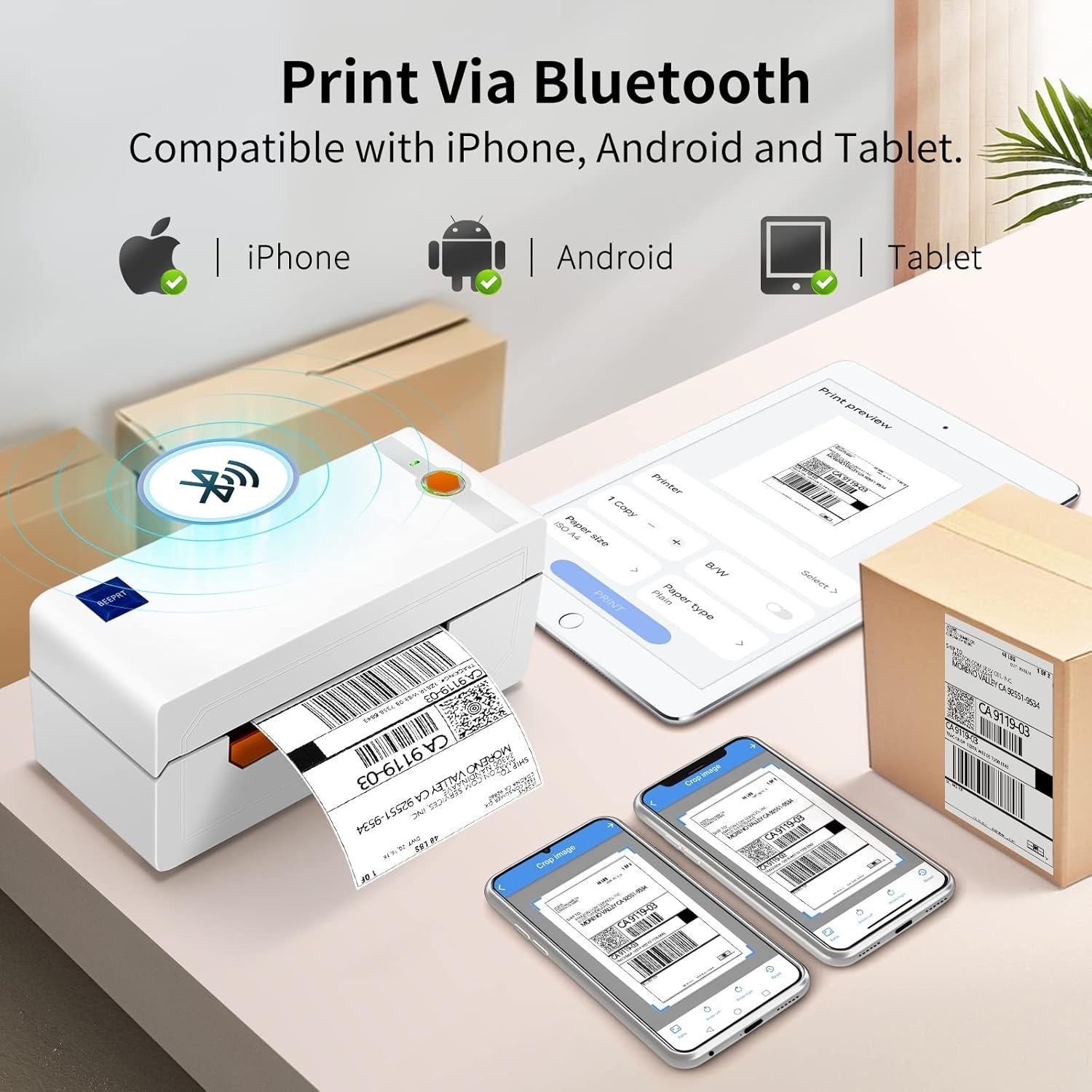 White Bluetooth Thermal Label Printer 4x6, 203DPI, Shipping Labels