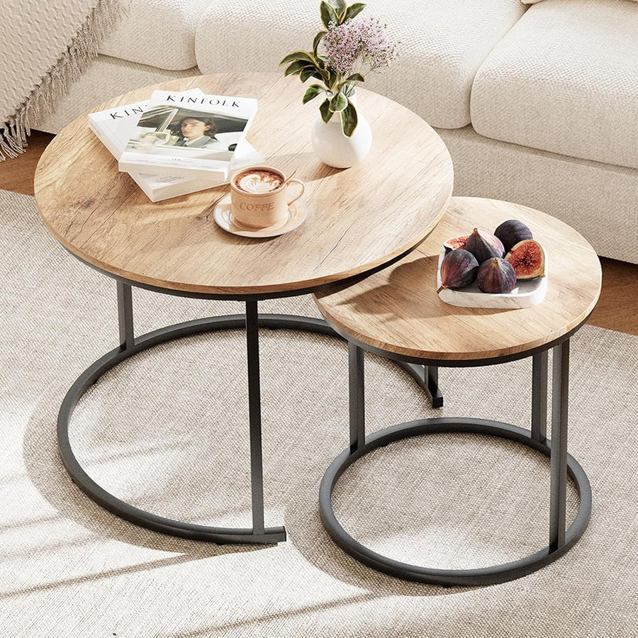 Round Nested Coffee Table Set of 2, Natural Brown Wood, Metal Frame, End Side Ta