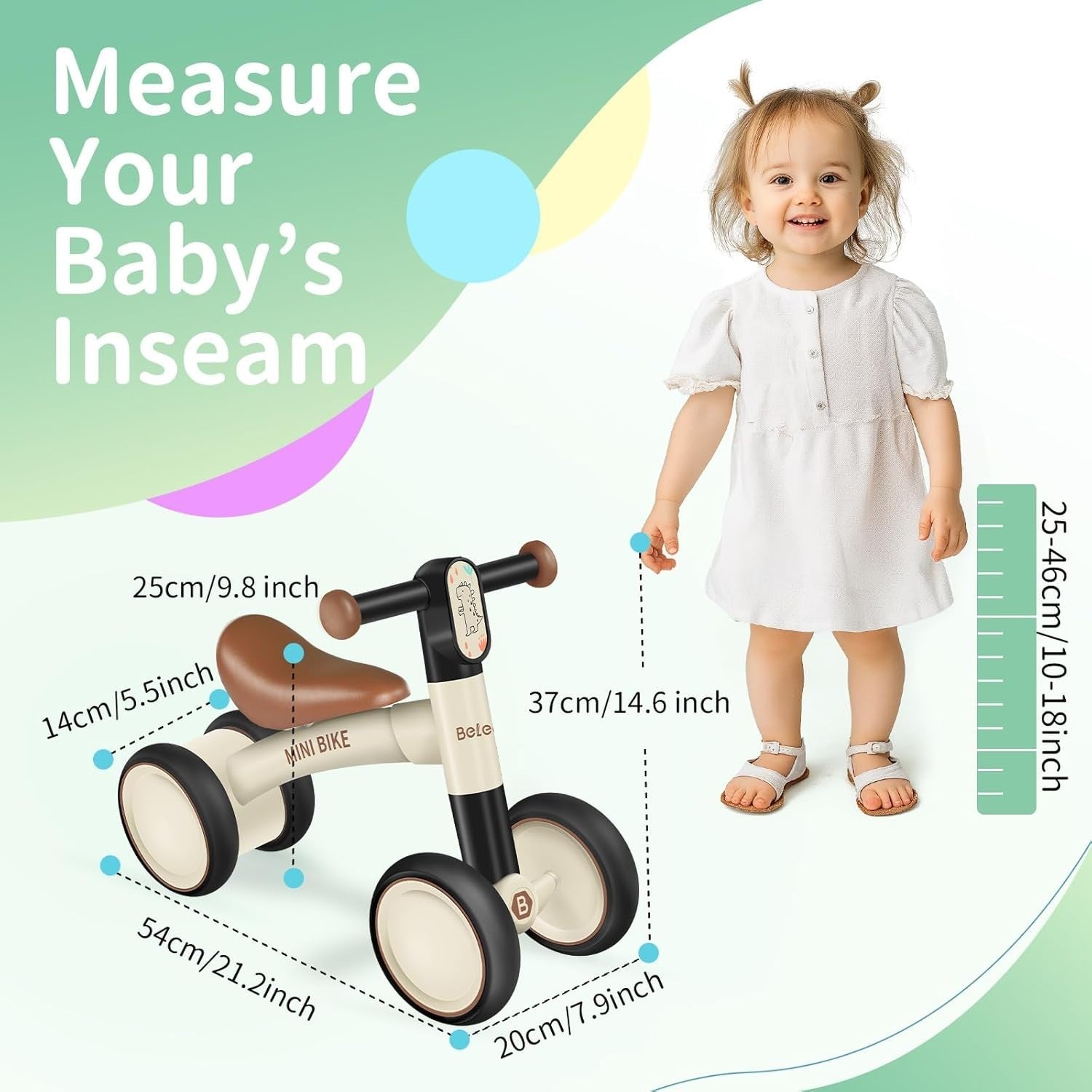 Toddler Balance Bike Baby Walker Ride On Toy 4 Wheel 10-24 Months Brown