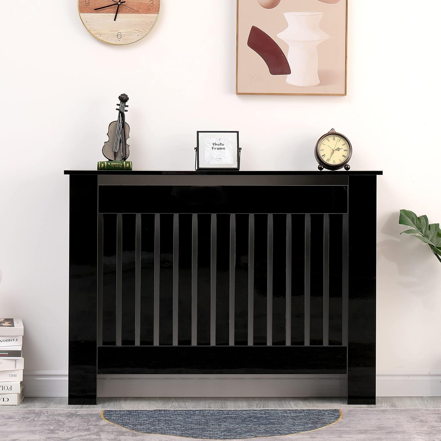 High Gloss Black Radiator Cover Modern Vertical Slat MDF Cabinet W111xH82cm