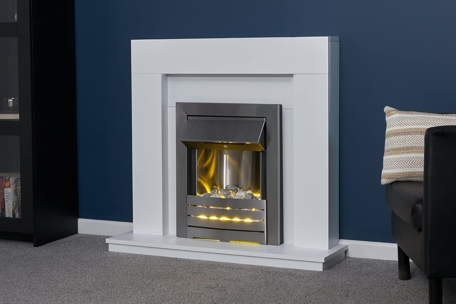 39” White Electric Fireplace Suite LED Heater Brushed Steel Glow Fire