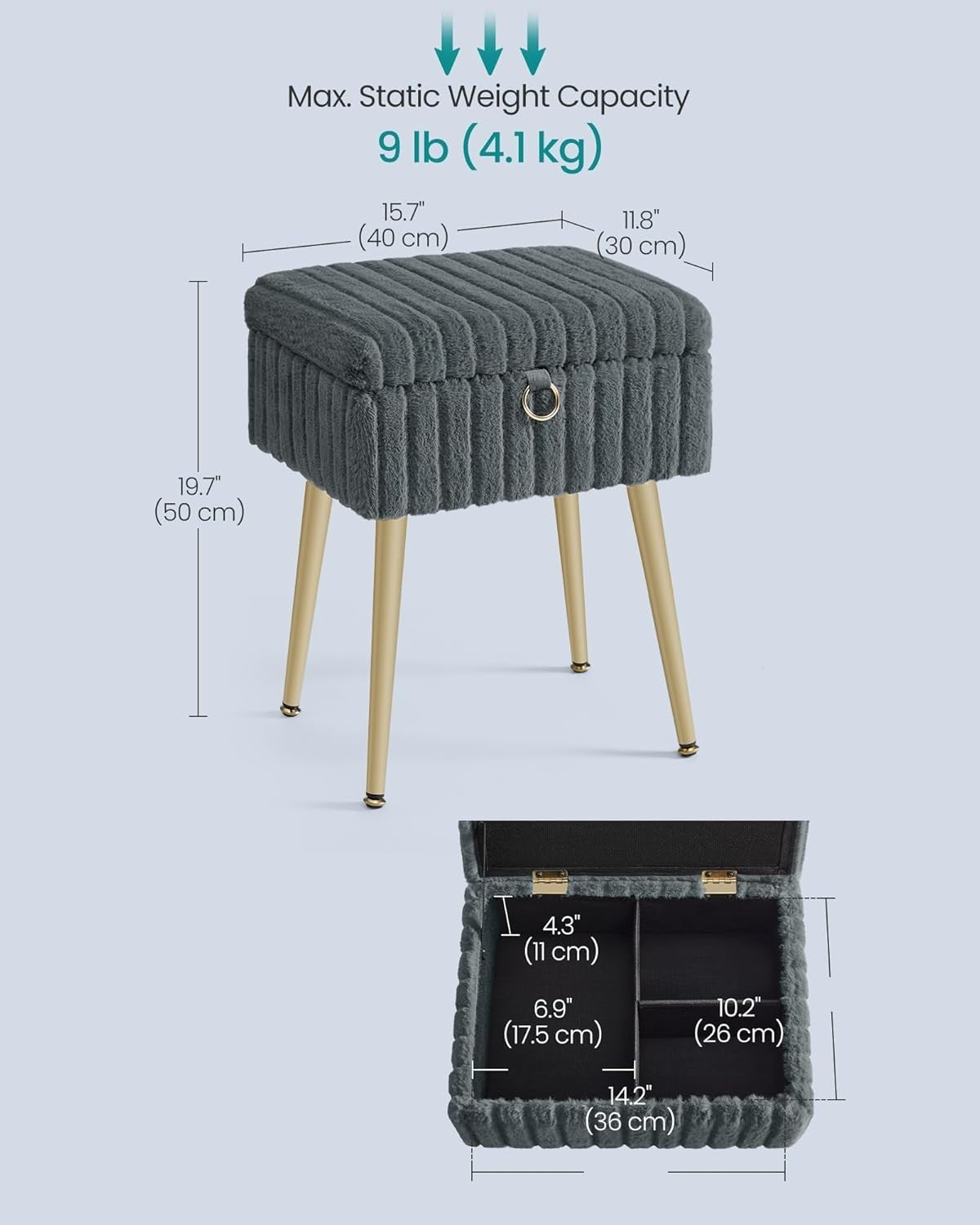 Slate Grey Vanity Stool with Storage Plush Seat Footrest Ottoman Chair