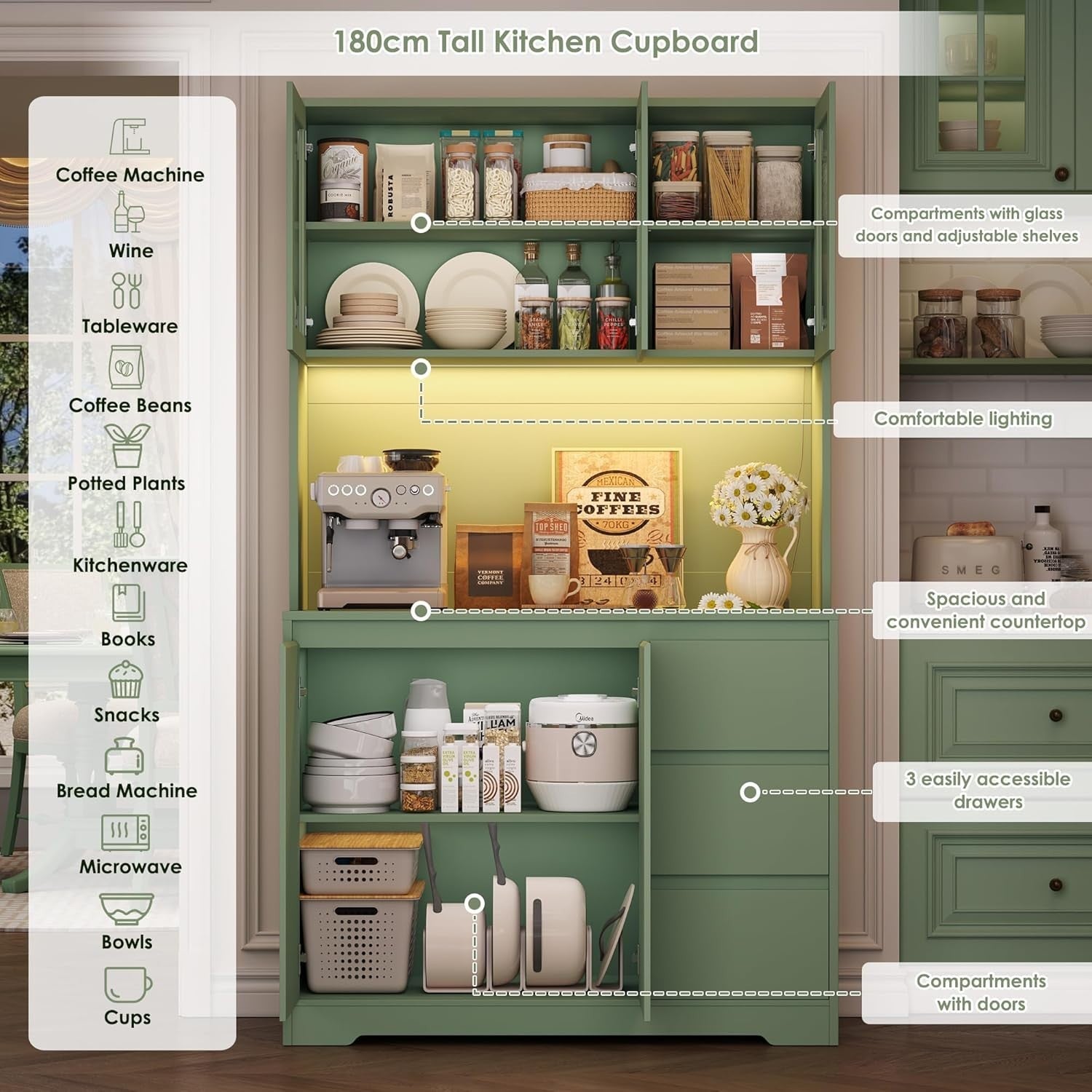 Green Tall Kitchen Cupboard with LED, Sockets, Drawers & Shelves