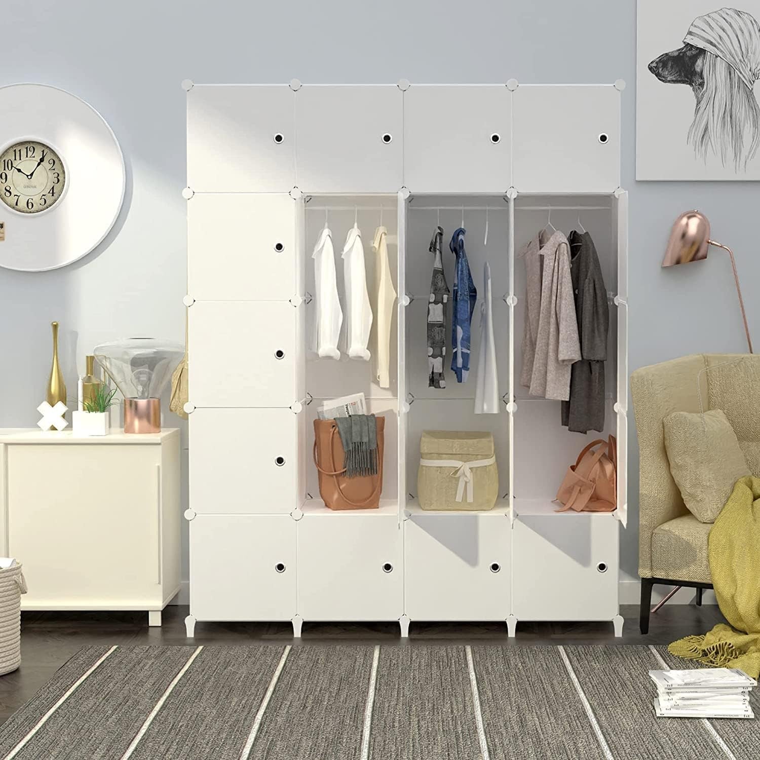 20 Cube Portable Wardrobe Closet White Modular Storage Cabinet with Rails