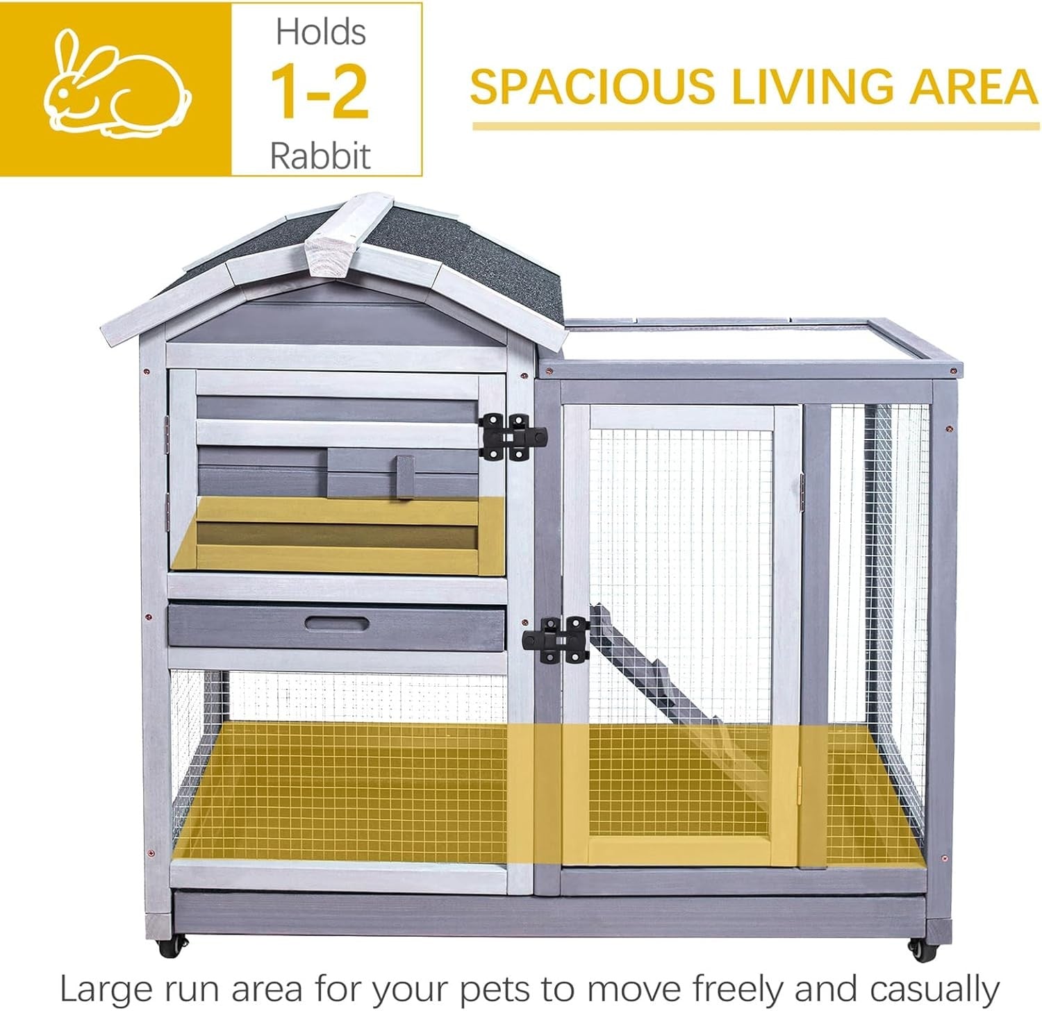 Indoor Outdoor Rabbit Hutch Wooden Cage With Wheels Ramp Secure Small Animal