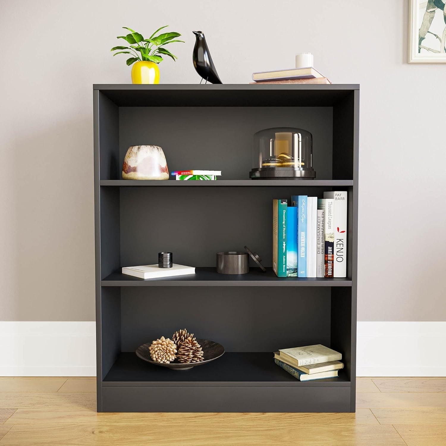 3 Tier Black Wooden Bookcase Modern Storage Display Shelf for Living Room Low