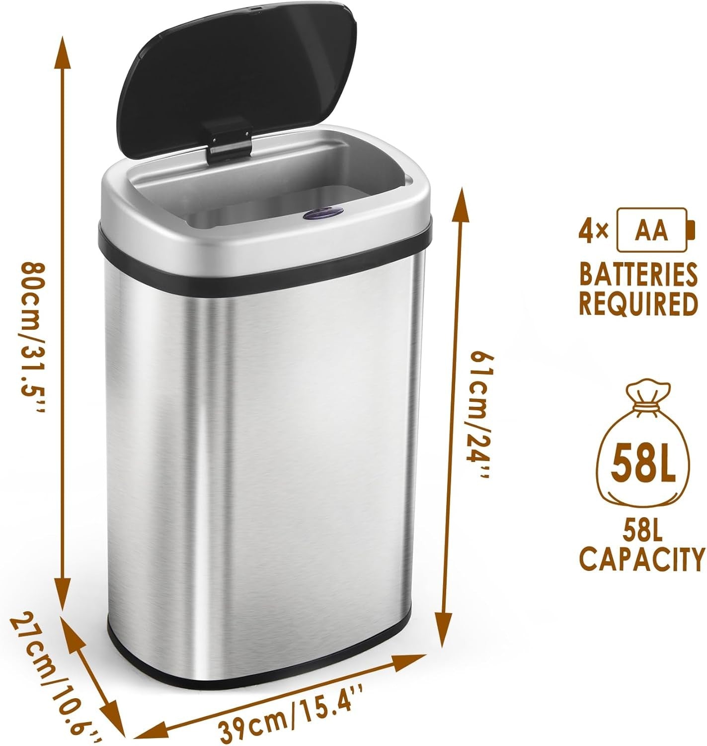 58L Stainless Steel Automatic Sensor Kitchen Bin Touchless Round