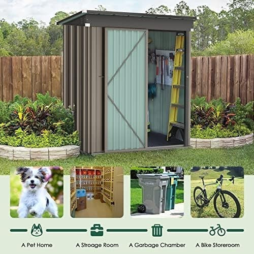 Metal Garden Storage Shed 5x3ft Brown Waterproof Outdoor Tool & Bike Shed, Lock