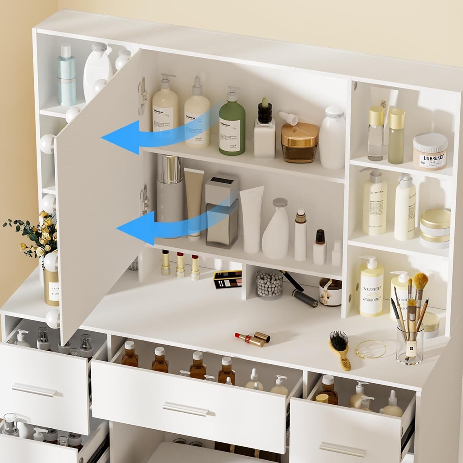 Modern Vanity Makeup Dressing Table w/Mirror Storage Drawers Lights Ivory