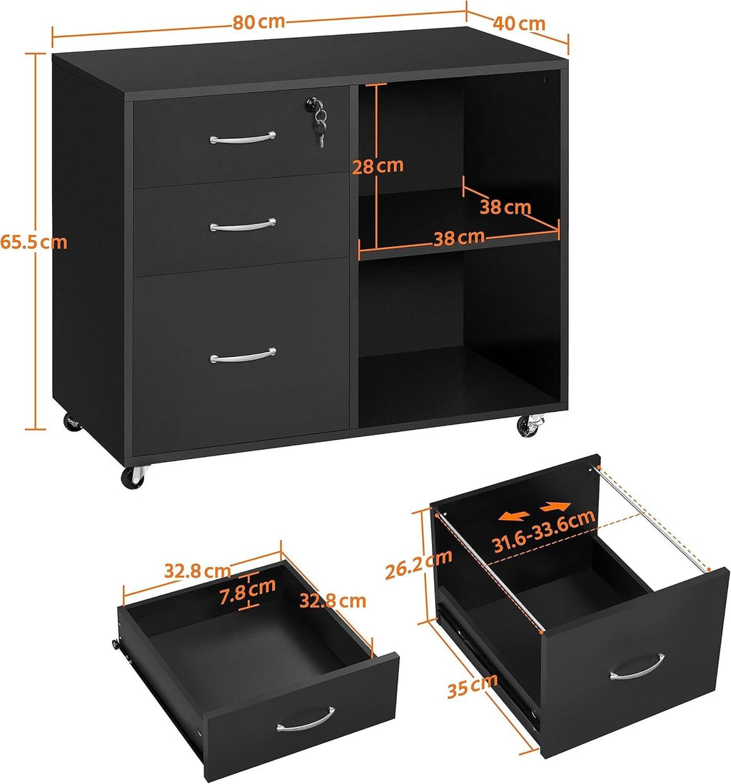 Black Mobile Filing Cabinet with 3 Drawers and Shelves Office Storage Unit