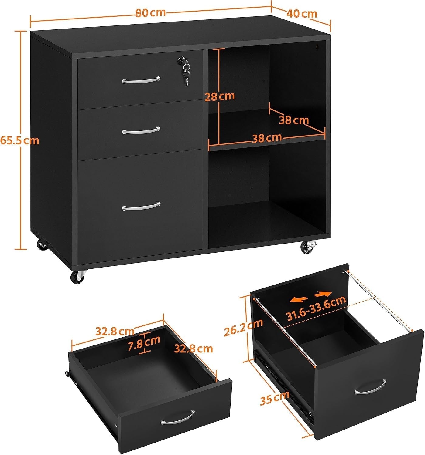 Black Mobile Filing Cabinet with 3 Drawers and Shelves Office Storage Unit