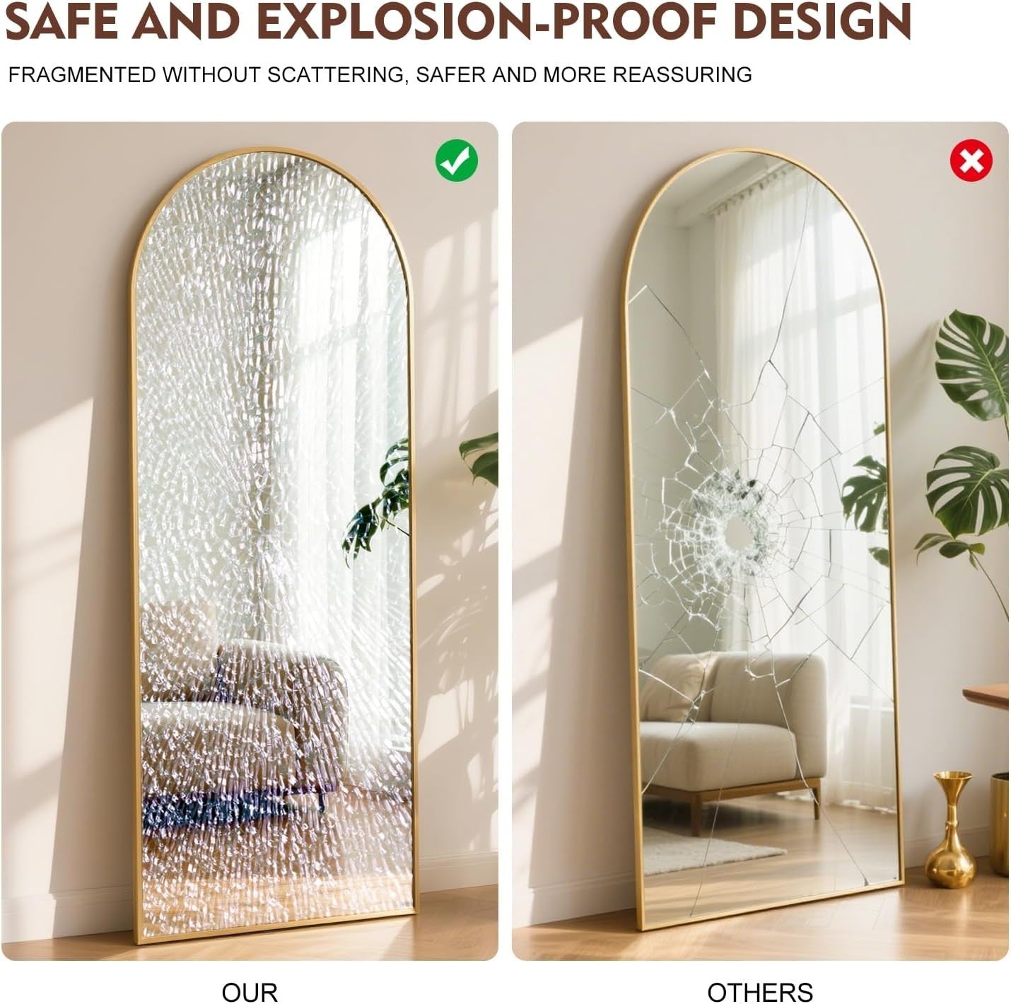 Full Length Arch Mirror 165x60cm Golden Frame Shatterproof Tempered Glass