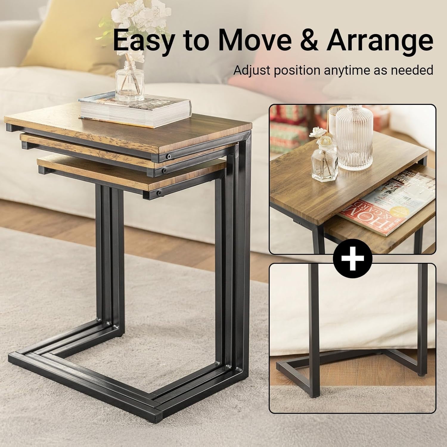 Space Saving Nesting Coffee Tables Set of 3 Engineered Wood & Metal Frame