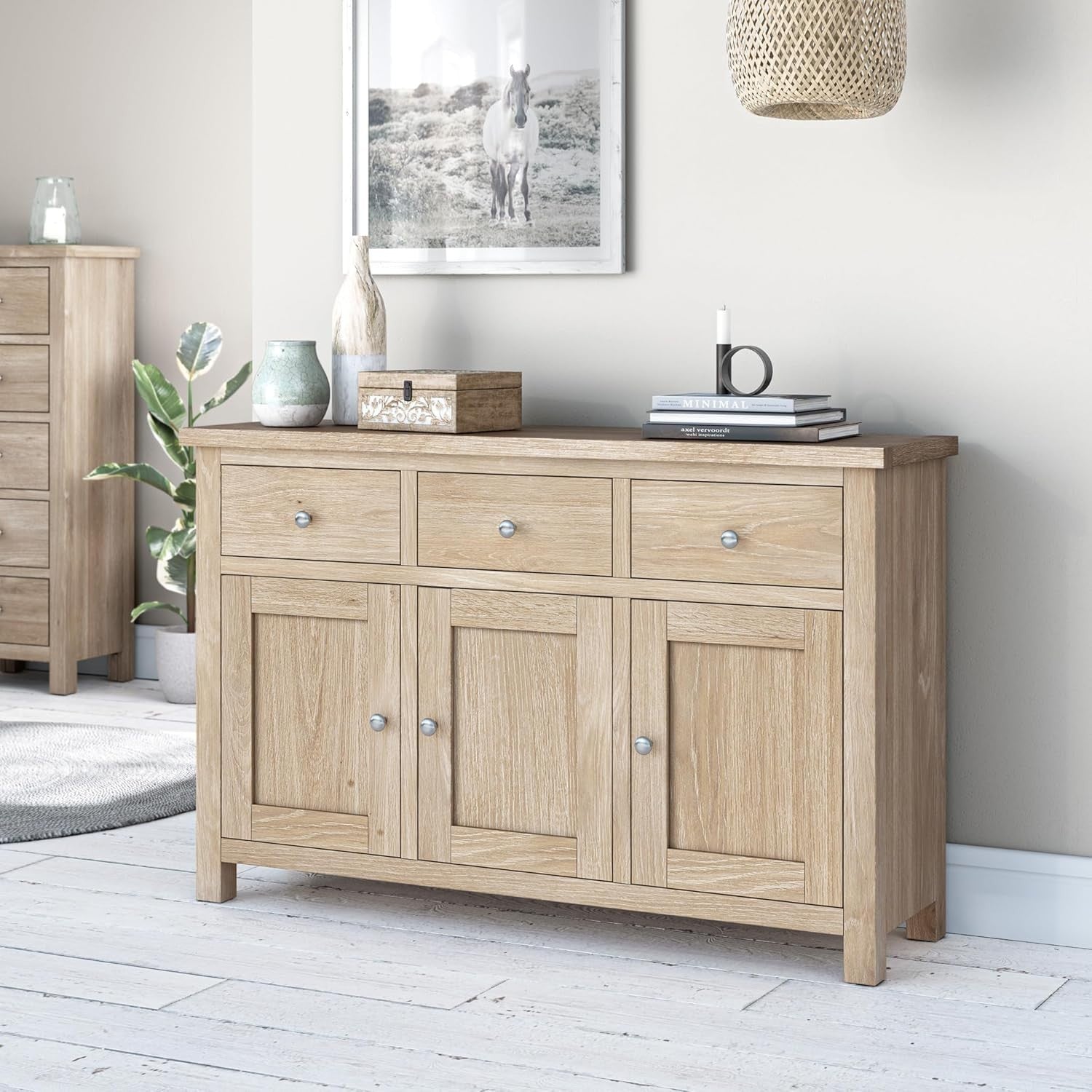 Large Washed Oak Sideboard Storage Cabinet 3 Drawer 3 Door Cupboard Shelf