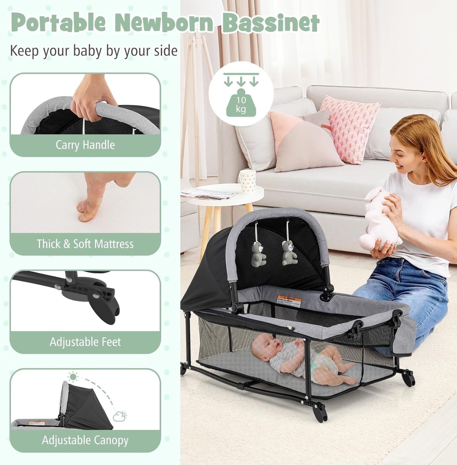 5in1 Travel Cot Baby Bedside Crib Bassinet w/ Mattress Folding Playard Black