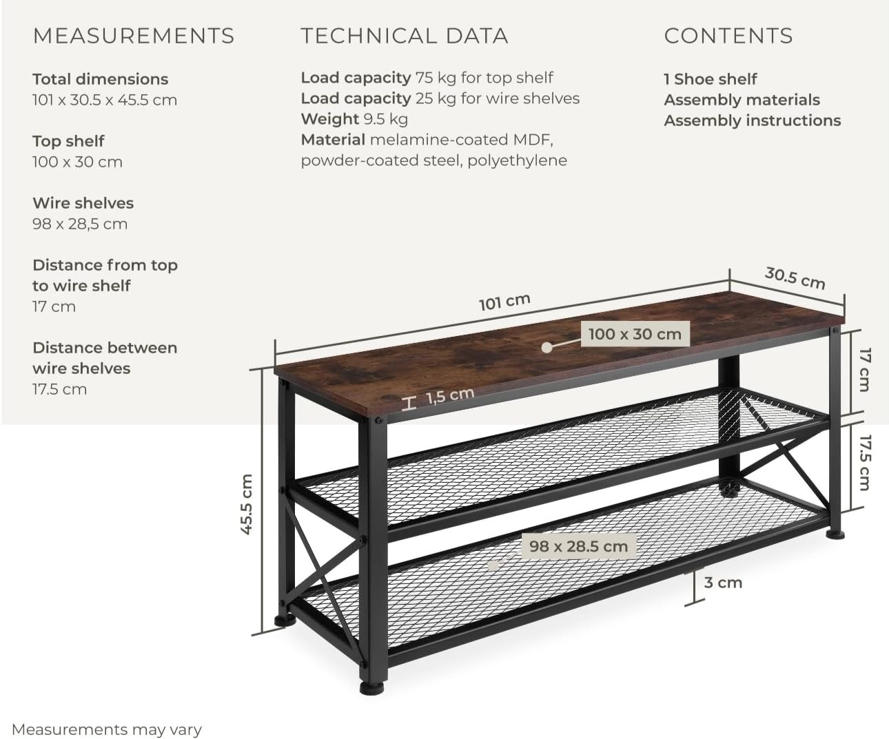 Space-Saving 3-Tier Shoe Rack with Dark Wood Shelf & Sturdy Steel Frame