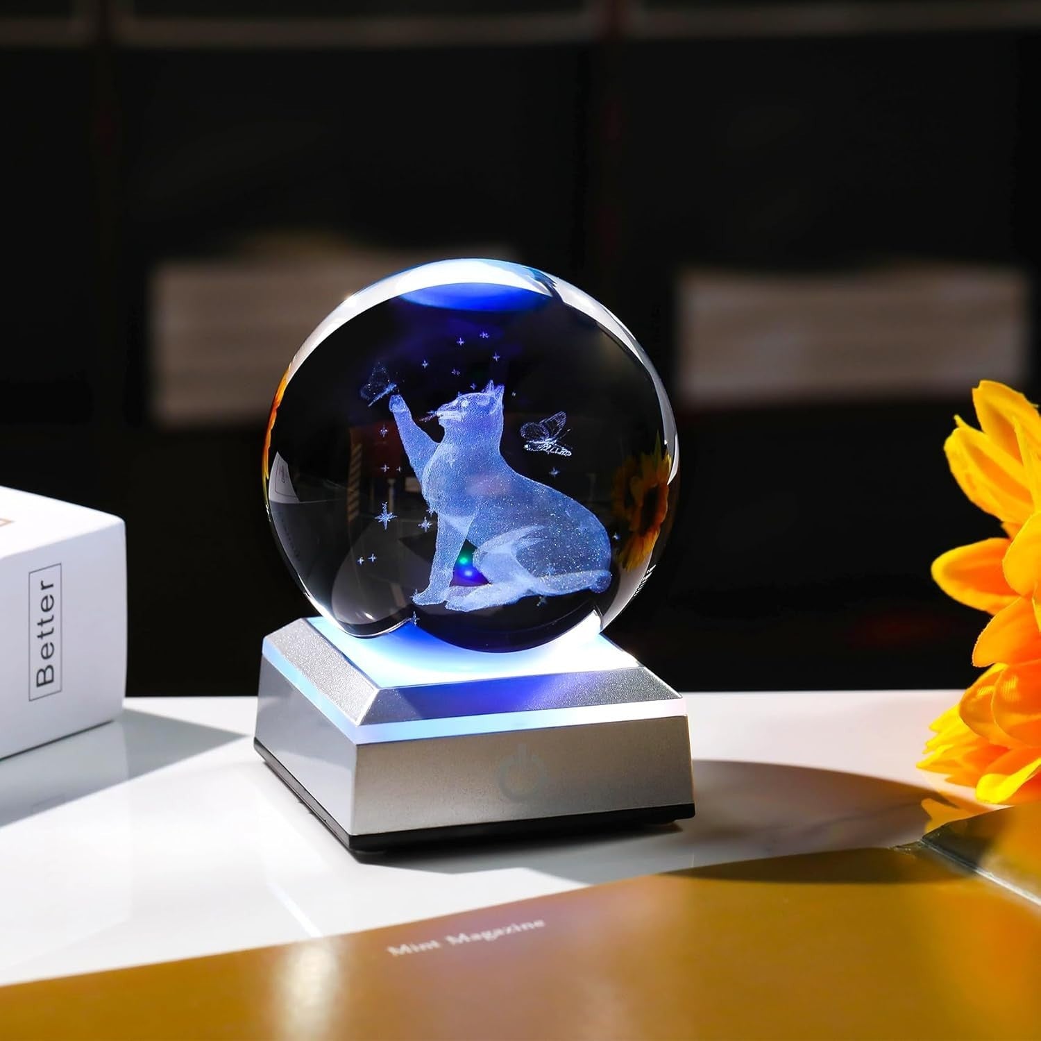 3D Crystal Cat & Butterfly LED Light Ball 80mm Glass Ornament Gift for Cat Lover