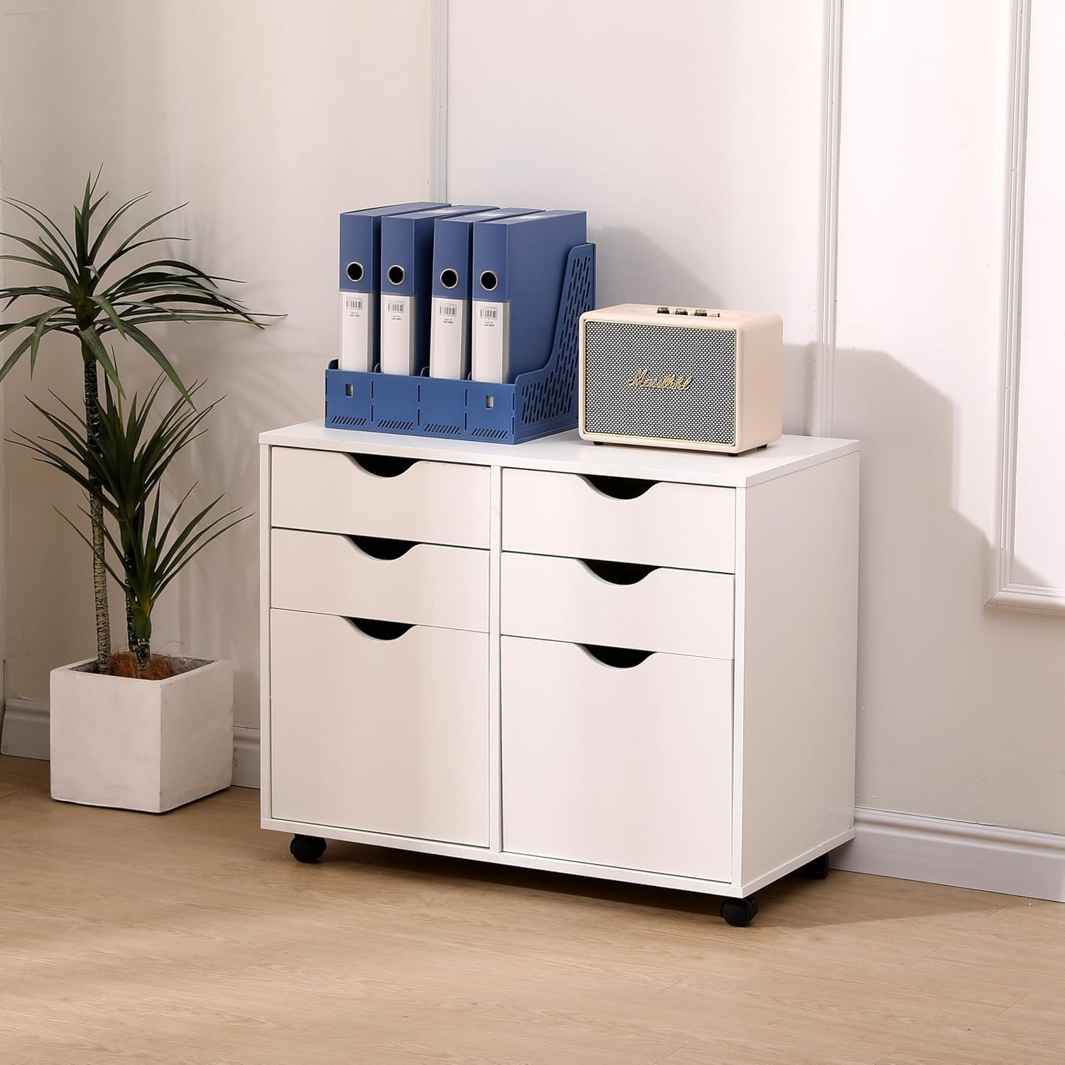 White Mobile Storage Cabinet 4 Drawer 2 Cupboard Rolling Office Unit