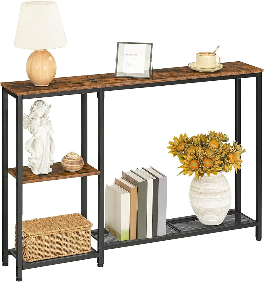 Slim Console Table with Shelves | 114cm Rustic Hallway Storage Unit