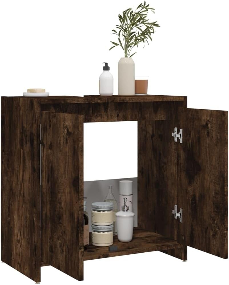 Rustic Oak Bathroom Sink Cabinet – 2 Door Under Sink Storage Unit 60x61cm
