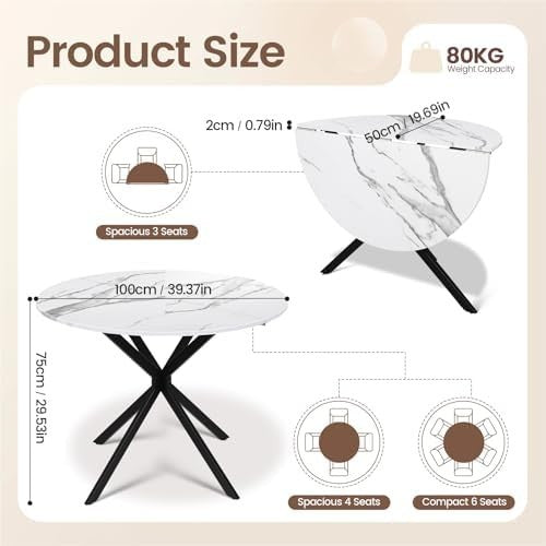 Folding Round Dining Table with 4 PU Leather Chairs Marble Effect Space-Saving