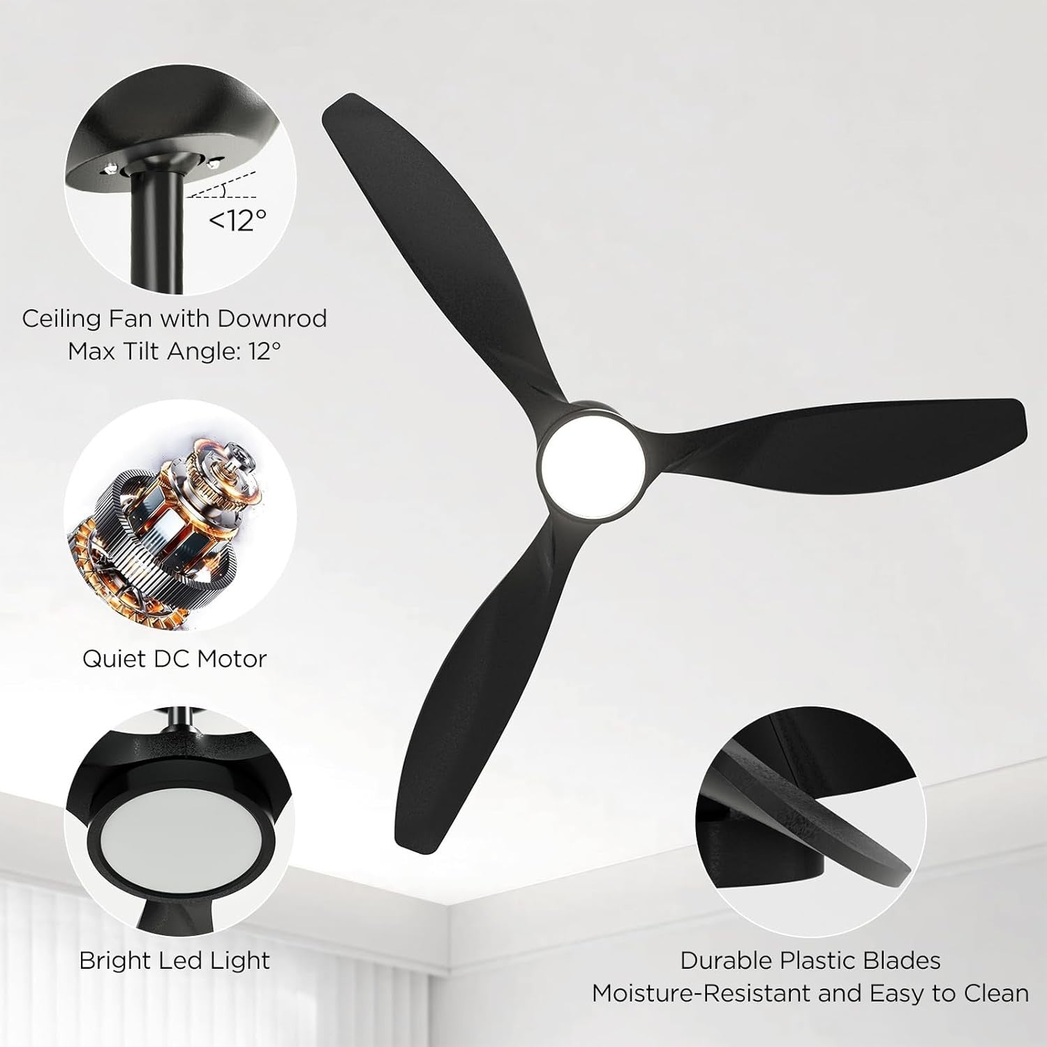 Roomratv 52" Ceiling Fan with Light, 6-Speed DC Motor, Dimmable, Black