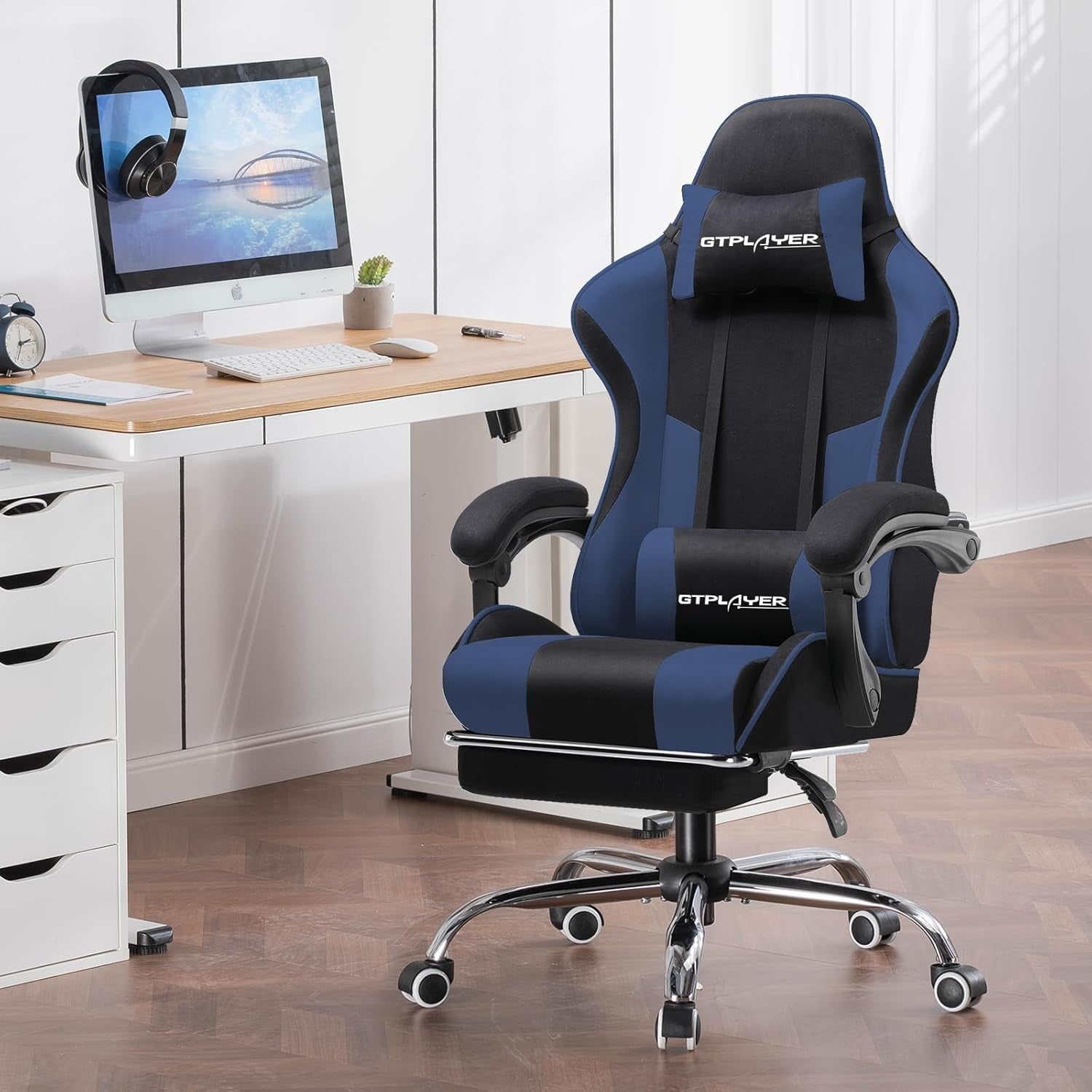 Fabric Gaming Chair Massage Ergonomic Recliner w Footrest Blue