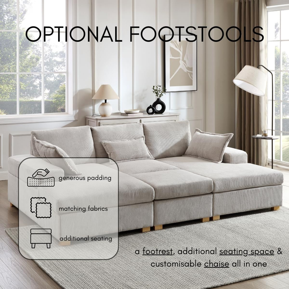 U-Shape Jumbo Cord Sofa Stone Grey 4-Seater | Deep Seat + Optional Footstool