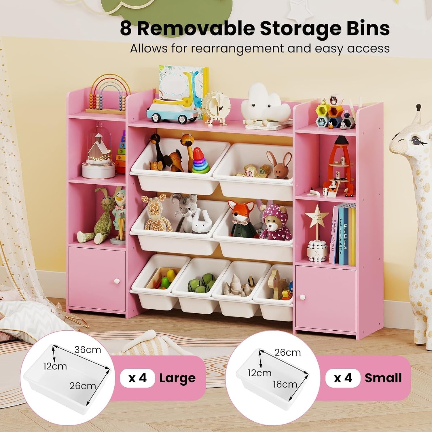 Pink Toy Storage Shelf – Kids 4-Tier Unit with Bins & Cabinets 142cm