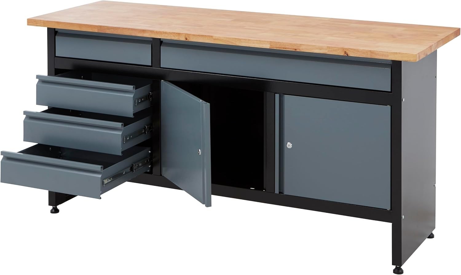 1709mm Garage Workbench 5 Drawers + Double Cupboard 300kg Solid Wood Top