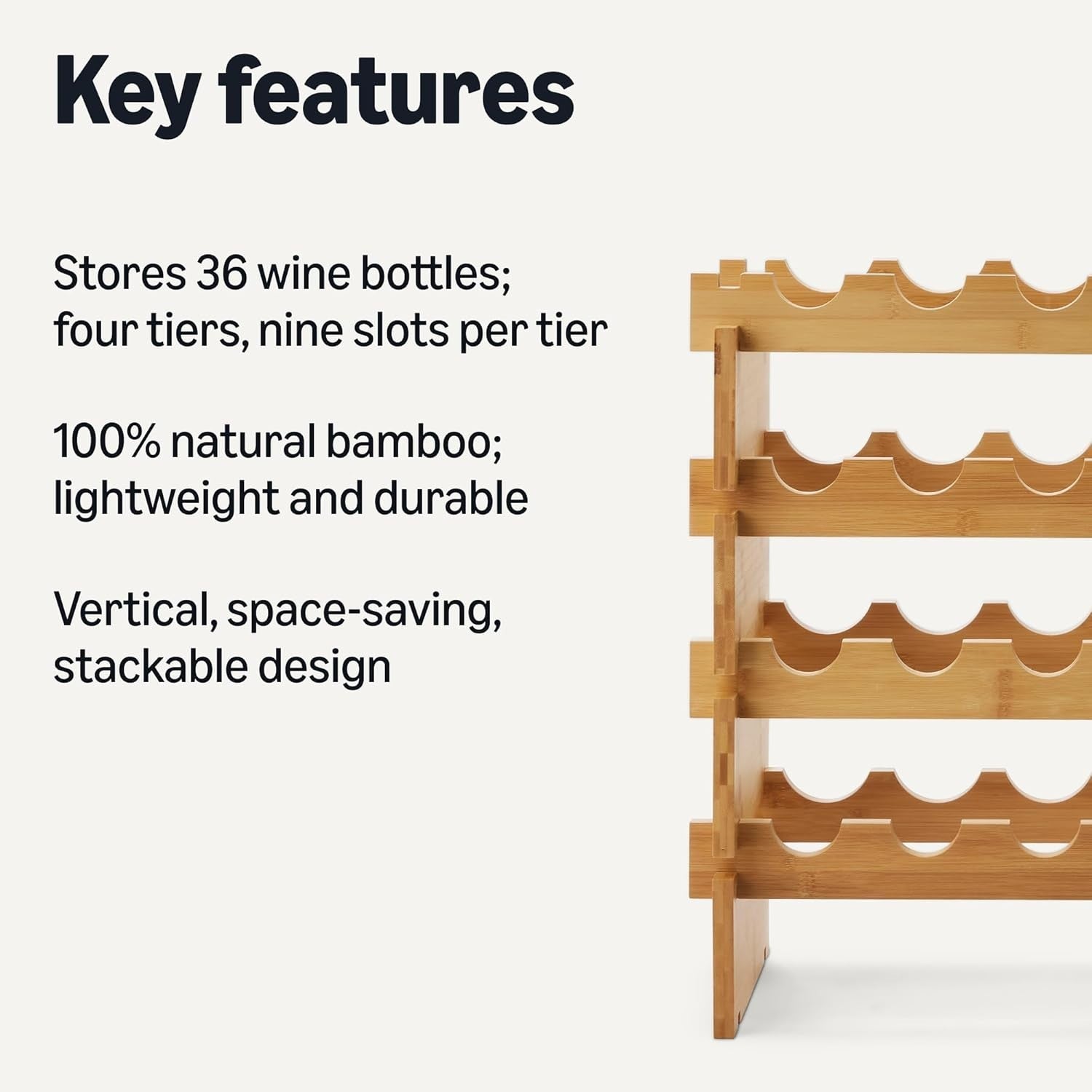 Stackable Bamboo Wine Rack 36 Bottle Storage Freestanding Wooden Bottle Holder