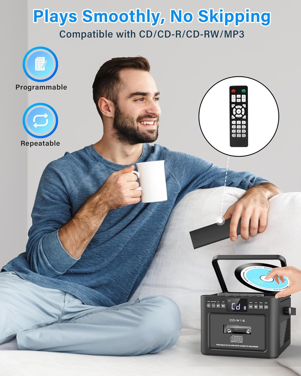 Portable CD Player Boombox Cassette Bluetooth FM USB TF AUX Remote