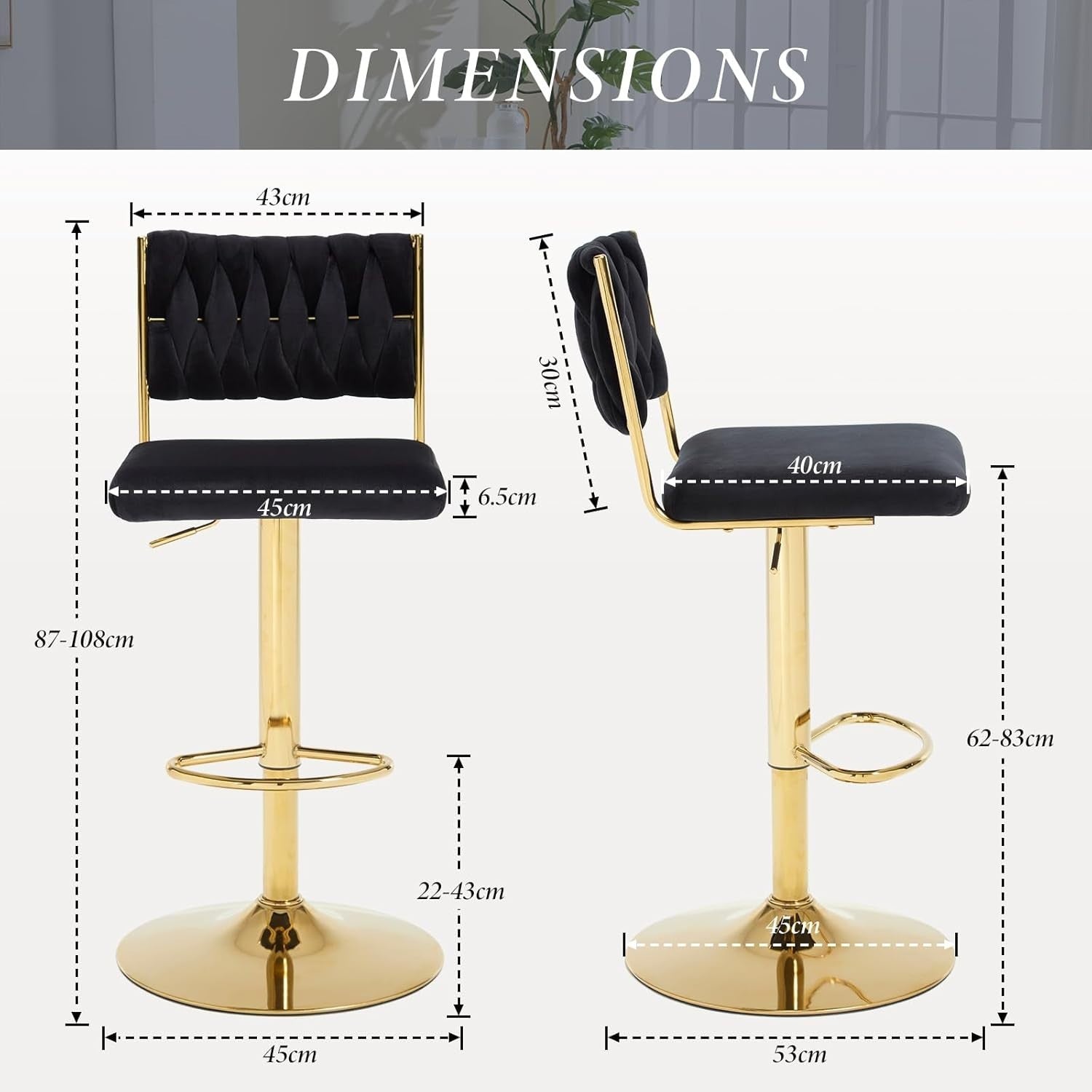Adjustable Velvet Bar Stools Set of 2 Black Swivel Counter Chairs