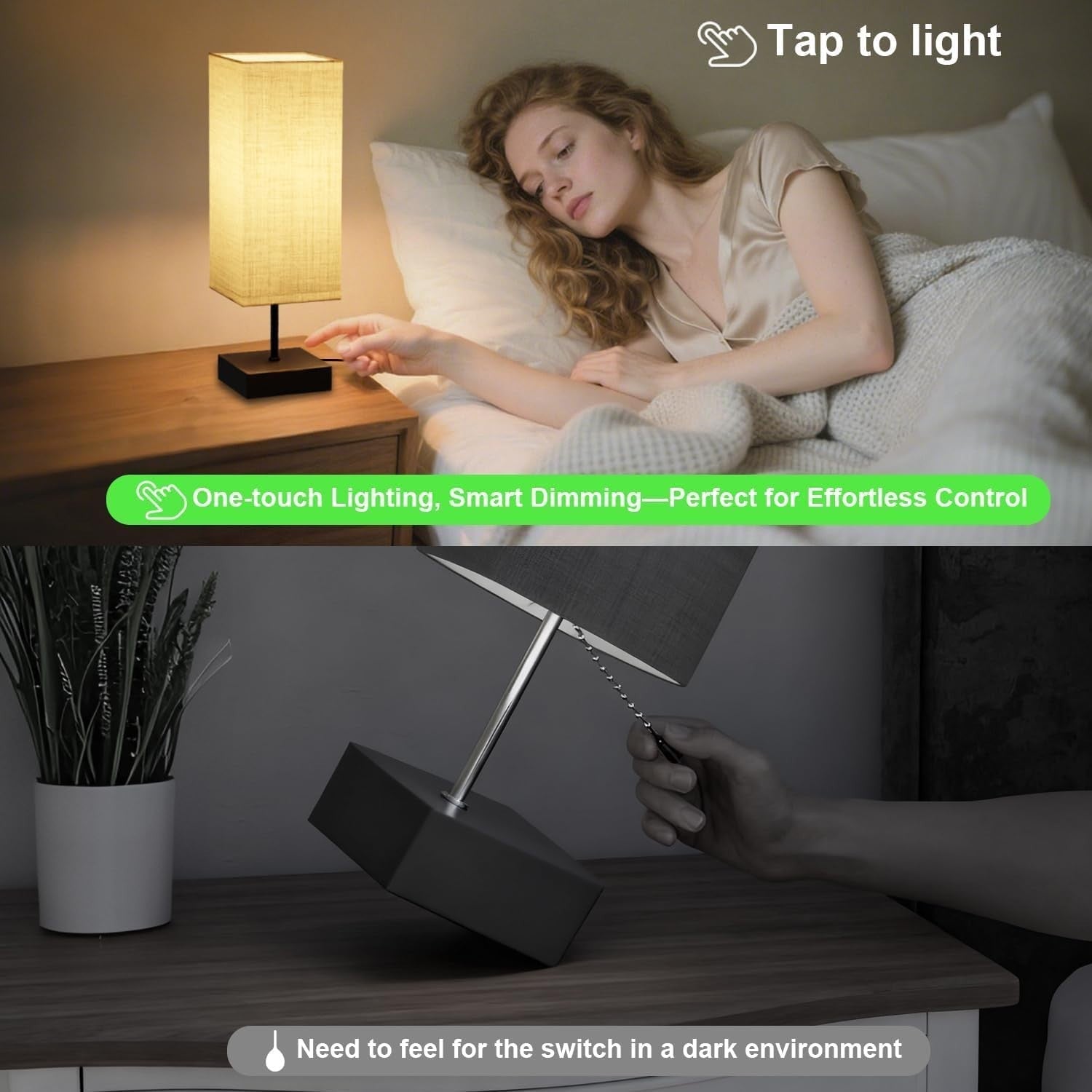 Touch Bedside Lamps Set of 2 USB A+C Dimmable Fabric Shade Nightstand