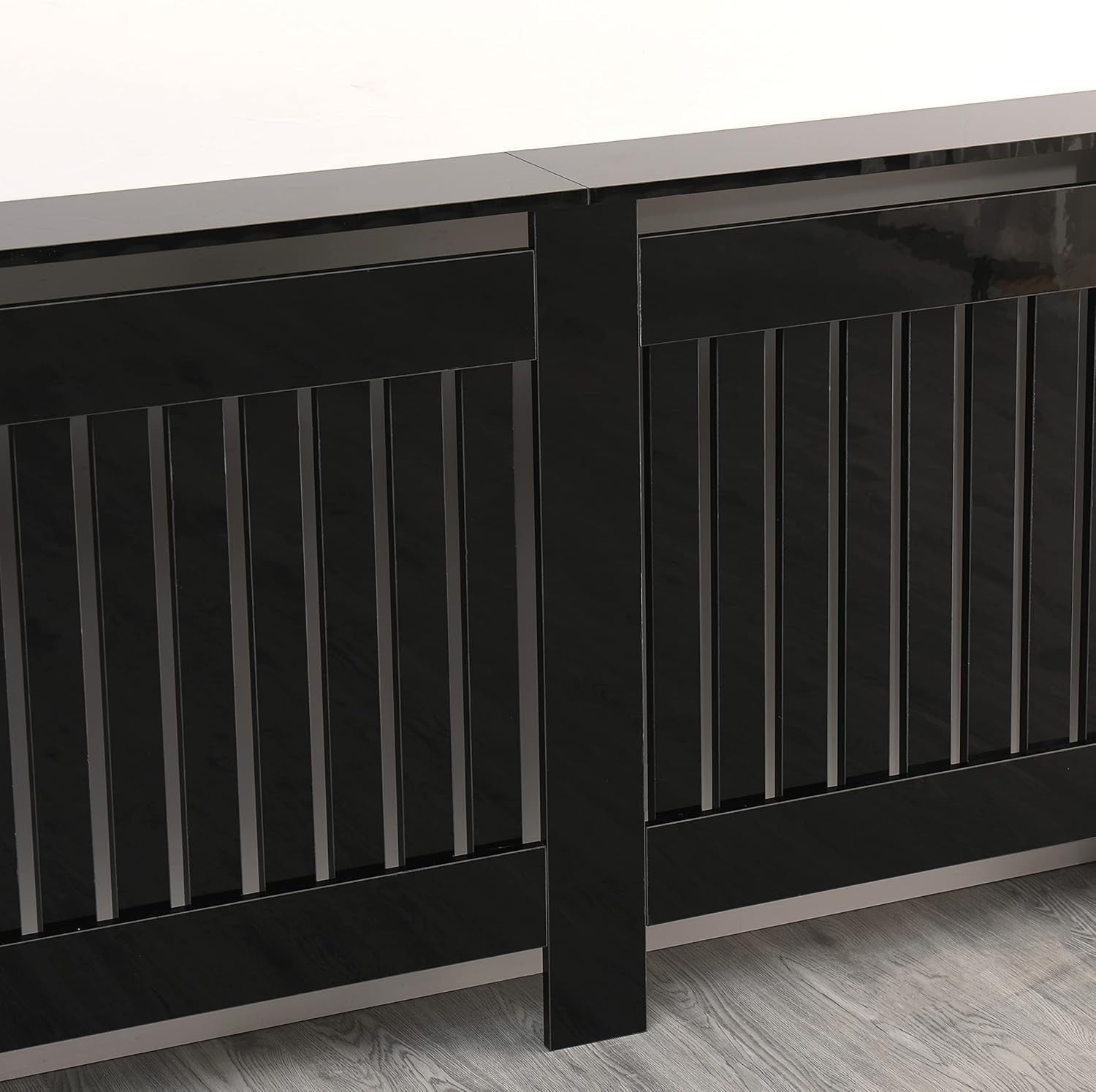 High Gloss Black Radiator Cover XL Modern Slatted Cabinet Shelf 172x19x85cm