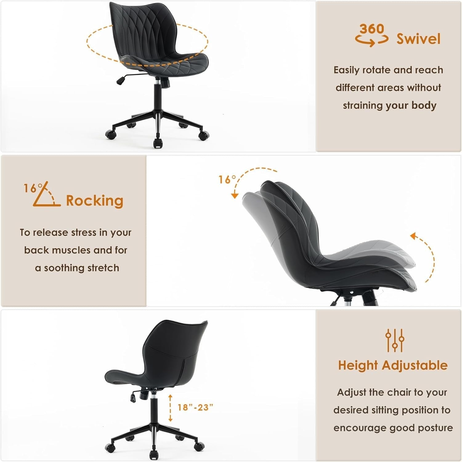 Ergonomic Armless Home Office Desk Chair Swivel Rocking Vanity Faux Leather Max