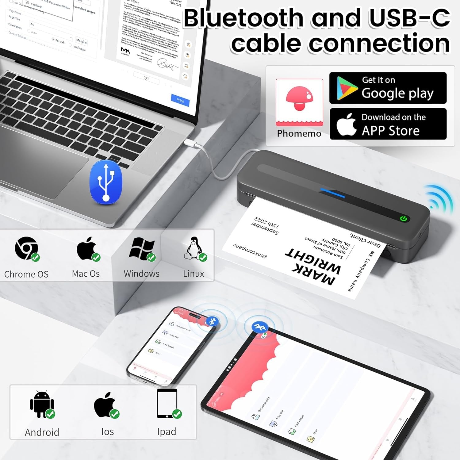 Portable A4 Thermal Printer 300DPI Inkless Bluetooth USB