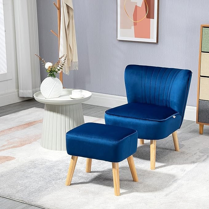 Velvet Accent Chair with Ottoman Blue Tub Seat Wood Legs Lounge