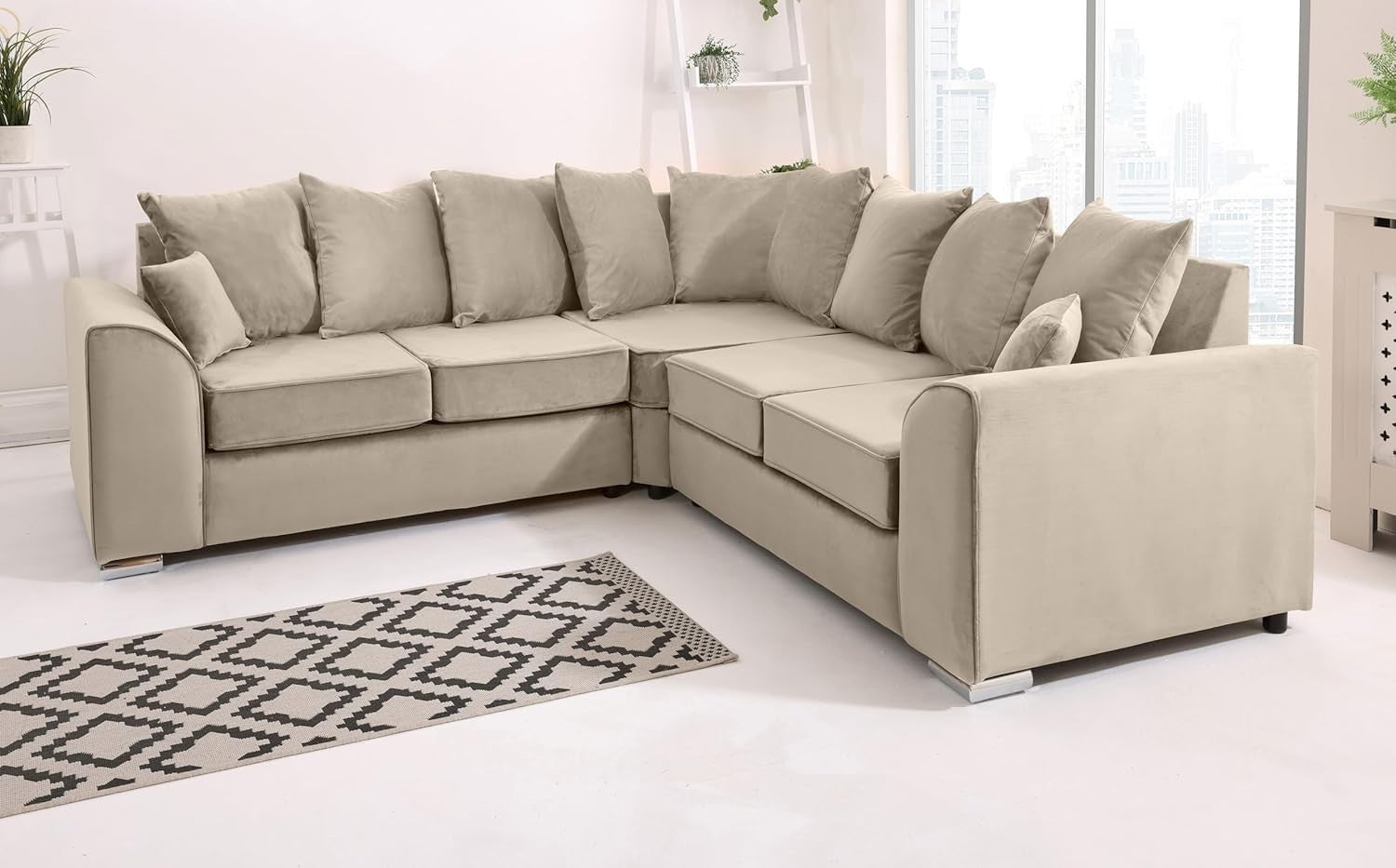 Cream Plush Velvet 5 Seater Corner Sofa –Scatterback Foam Cushions & Chrome Feet