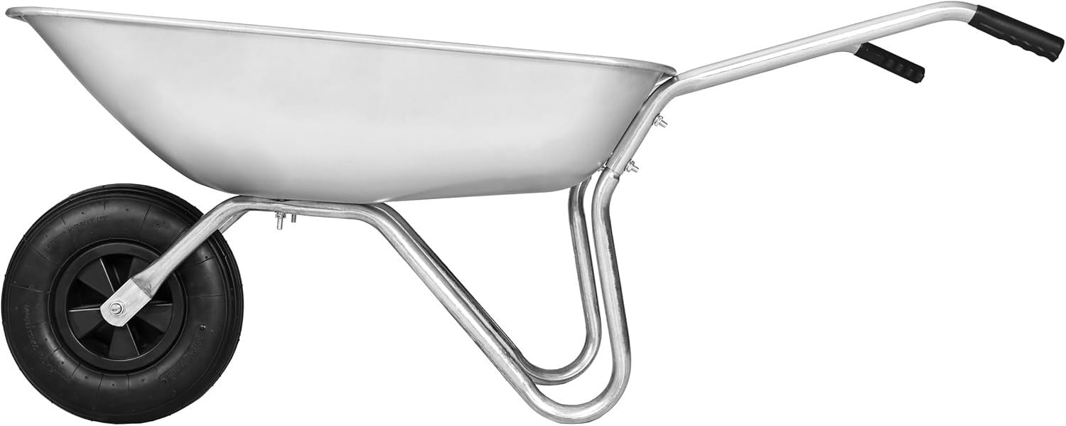 65L 1-Wheel Wheelbarrow Silver – 13" Pneumatic Tyre w/ Galv Frame 80kg Cap