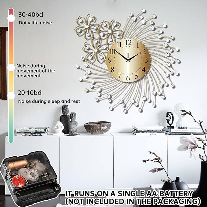 Large 50cm Gold Crystal Wall Clock Silent Modern Luxury Metal Round Home Decor