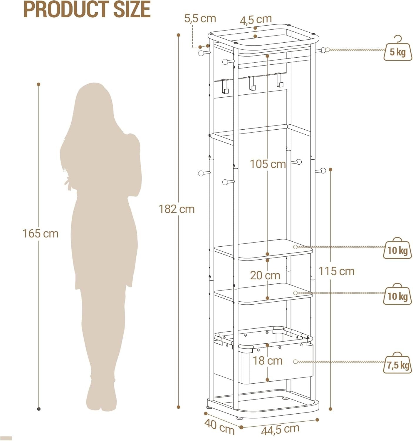 Wooden Coat Stand with 3 Shelves & 11 Hooks | Freestanding Hall Organizer
