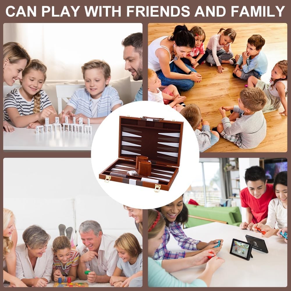 11 Inch Backgammon Set Leather Case Portable Travel Board Game Dice Cups