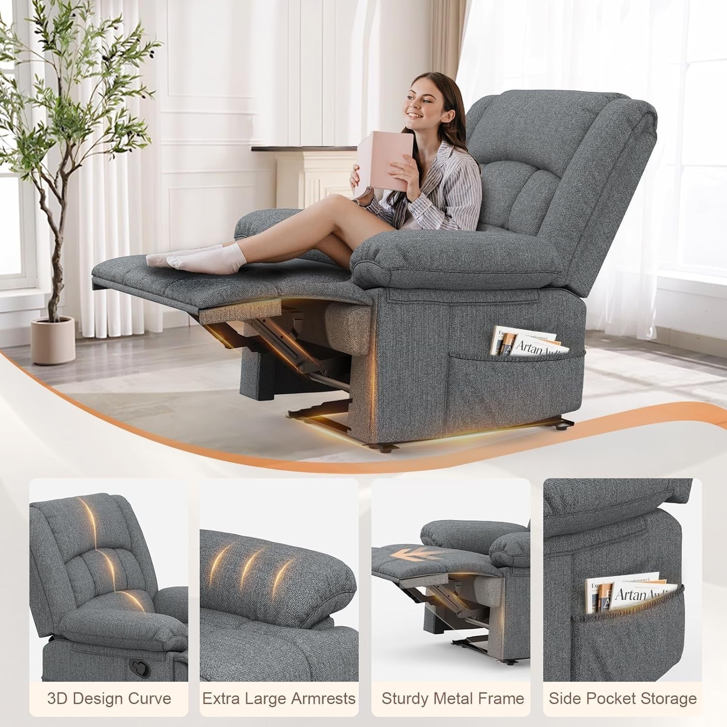 Manual Recliner Chair Massage Heat 135° Recline Footrest Dual Pockets Grey