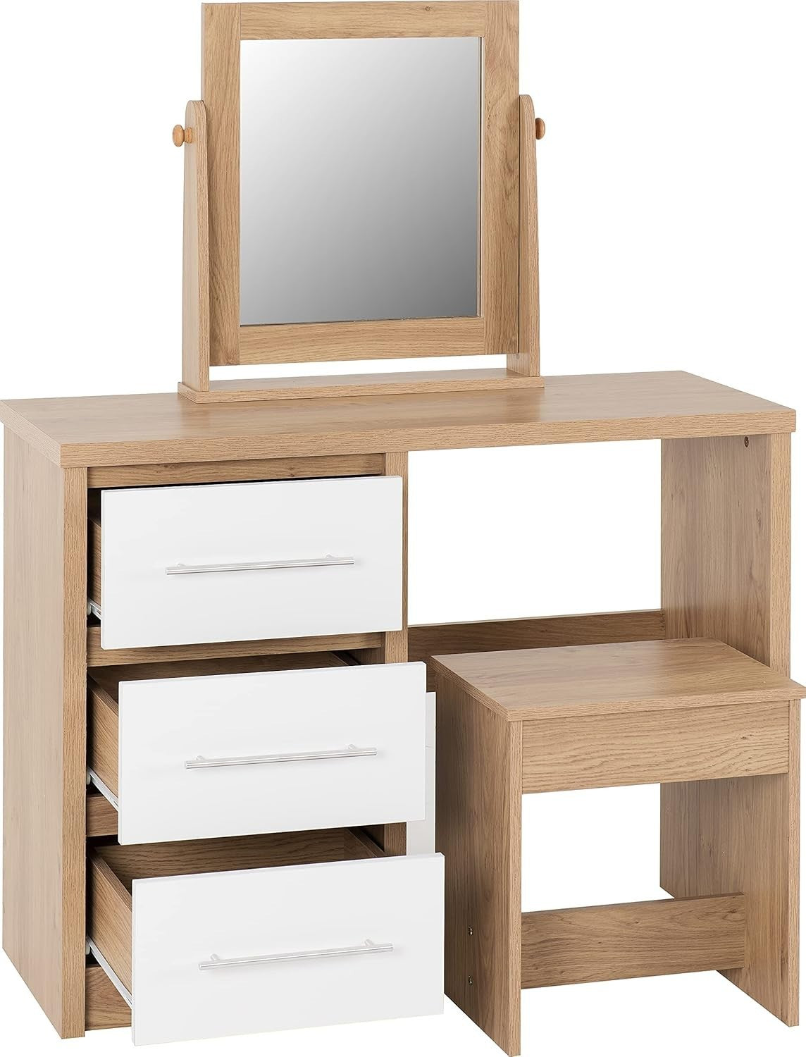 Modern Dressing Table White Gloss Light Oak Vanity Desk Mirror Stool 3 Drawers