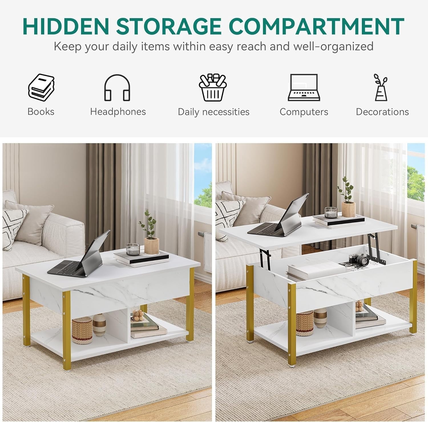 4in1 Lift Top Coffee Table with Storage Drawers, Convertible Dining Table, White